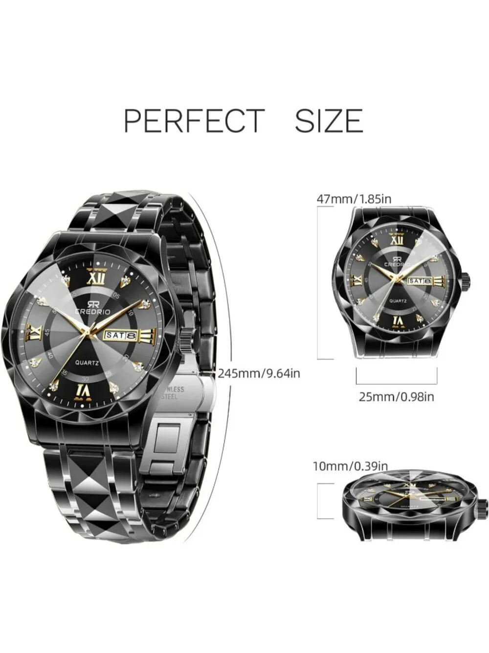 Mens Black Stainless Steel Waterproof Diamond Analog Quartz Luminous Wrist Watch
